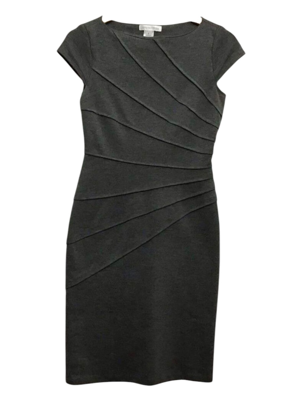 London Times sheath dress charcoal grey short sleeves slimming size 4